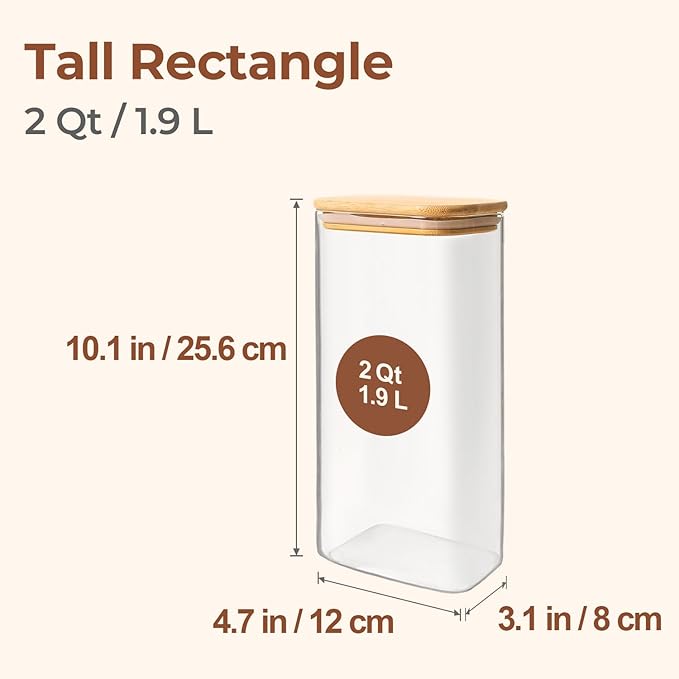 ComSaf 2 Qt Rectangle Glass Storage Containers with Lids, Glass Jars with Bamboo Lids, Clear Food Jar, Square Canister Set of 3, Pantry Organizers and Storage for Flour Pasta Coffee Bean-NeatNest