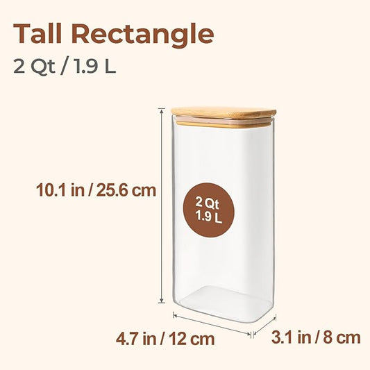 ComSaf 2 Qt Rectangle Glass Storage Containers with Lids, Glass Jars with Bamboo Lids, Clear Food Jar, Square Canister Set of 3, Pantry Organizers and Storage for Flour Pasta Coffee Bean-NeatNest