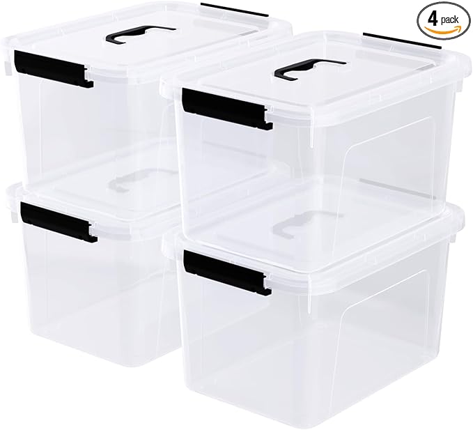 4 Pack 10.5 Quart Clear Storage Box, Plastic Storage Bins with Lids, Stackable Latching Box with Handle, Durable Storage Containers for Organizing
