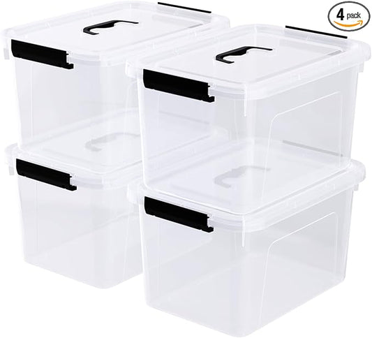 4 Pack 10.5 Quart Clear Storage Box, Plastic Storage Bins with Lids, Stackable Latching Box with Handle, Durable Storage Containers for Organizing