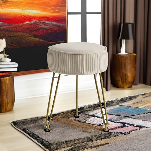 IBUYKE Velvet Round Footrest Stool Ottoman, Makeup Vanity Stool Side Table, Velvet Dressing Table Seat, Pouf Couch Stool, Golden Steel Legs, Creamy-White LG-30M