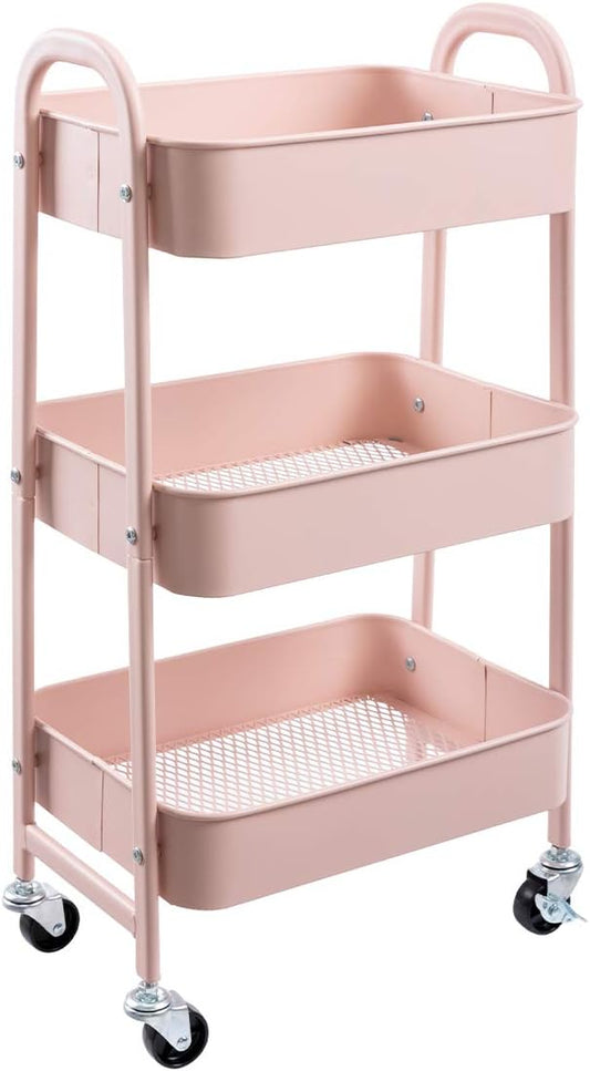 AGTEK Makeup Cart, Movable Rolling Organizer Cart, 3 Tier Metal Utility Cart, Rosiness-NeatNest