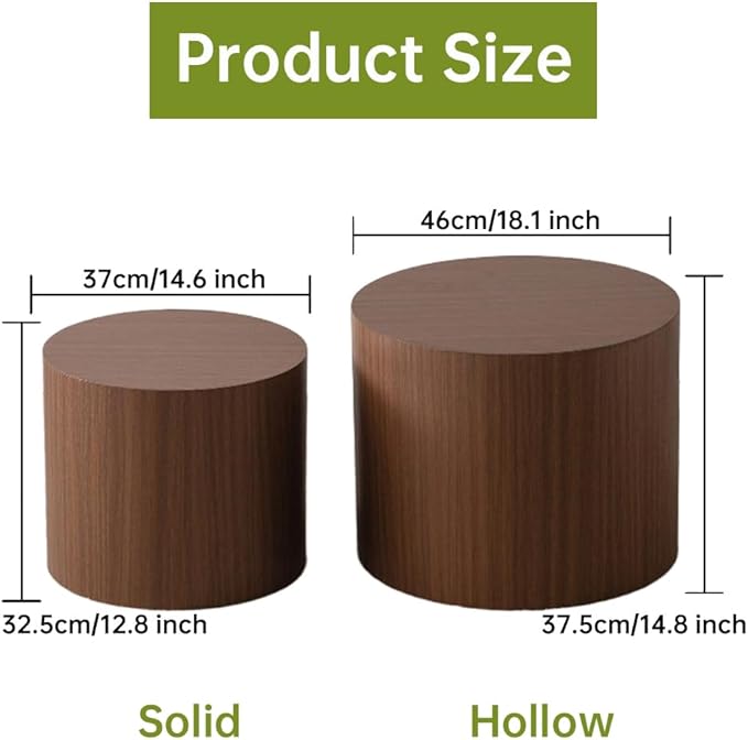 Round Nesting Coffee Table Modern Walnut Fluted Coffee Table Set of 2 Stripe Brown Round Coffee Tables Circle Drum Coffee Tables Side Table Accent End Table for Living Room (Dark Wood)