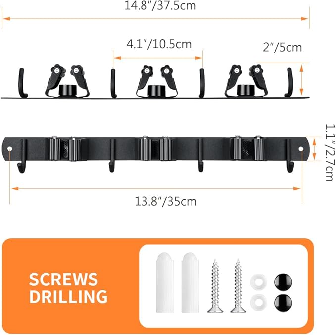 2 Pack Broom Hanger and Mop Holder, Heavy Duty Garden Tool Organizer Rack Rake and Shovel Handle, Stainless Steel Wall Mounted Utility Rack with Screws (3 Racks with 4 Hooks, Matte Black).-NeatNest