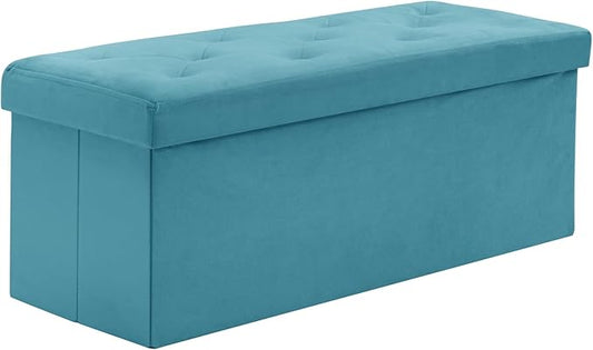 BRIAN & DANY 43 Inches Folding Storage Ottoman Bench, Velvet Ottoman with Storage for Living Room, Long Shoes Bench,Flannelette Footrest Benches Seat (Teal)-NeatNest