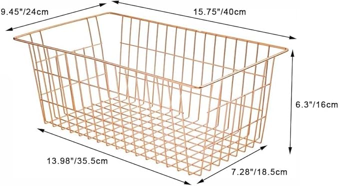 SANNO Wire Storage Basket, Farmhouse Pantre Freezer Baskets bins Metal Baskets Kitchen Storage Organizer Bin for Pantry, Shelf, Freezer, Kitchen Cabinet, Bathroom, Rose Gold