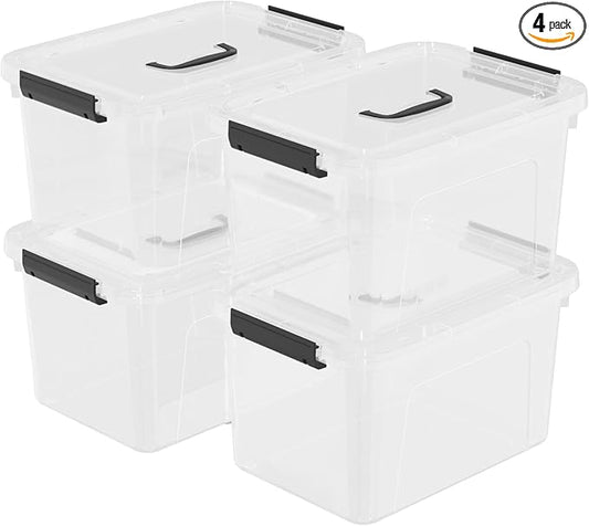 4 Pack 10.5 Quart Plactic Storage Latch Bin, Lidded Box with Black Handle, Clear