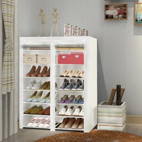 ERONE Shoe Rack Storage Organize, 28 Pairs Portable Double Row with Nonwoven Fabric Cover Shoe Shelf Cabinet for Closet (White)-NeatNest