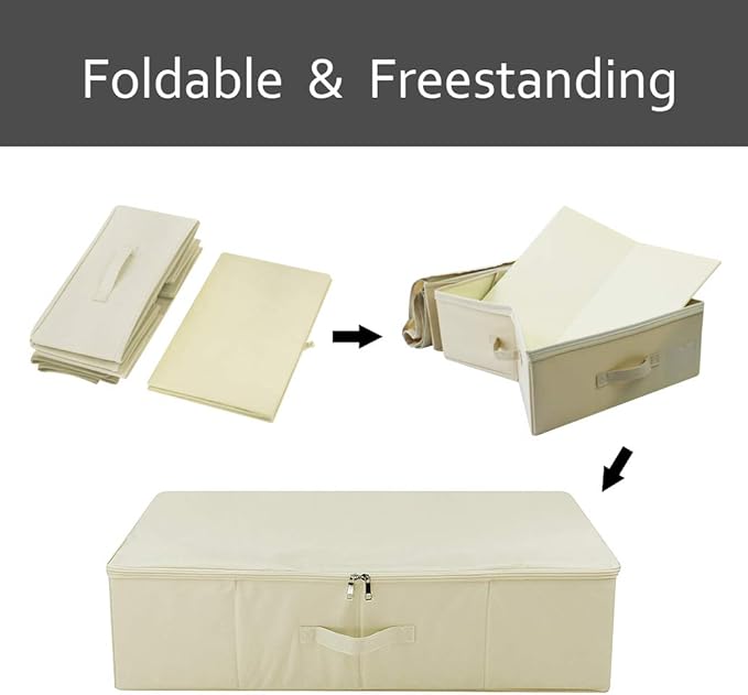 Folding Under Bed Shoes Storage Organiser Bins with Lid, Underbed Clothes Organizer Basket, Garment Storage Boxes, Beige-NeatNest