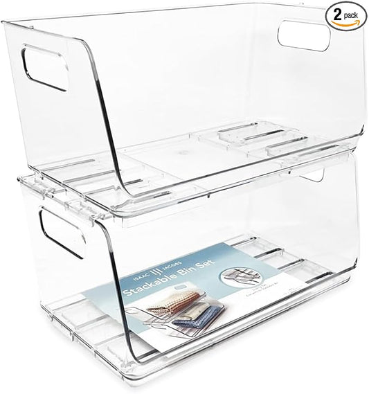 Isaac Jacobs 2-Piece (13" x 7.3" x 6.1") Large Wide Stackable Clear Storage Bins w/Open Front, Versatile Use, Set of 2, Desk, Office, Bathroom, Bedroom, Closet