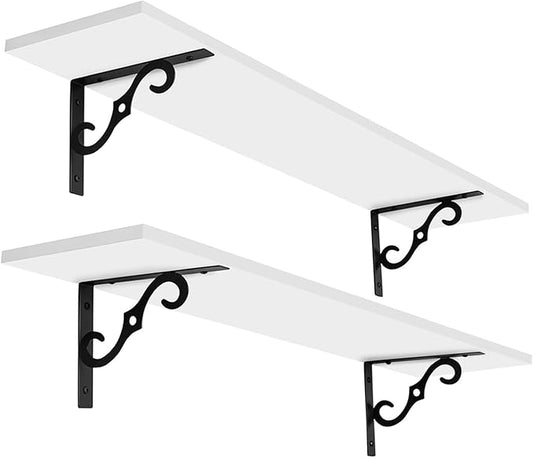 DINZI LVJ Long Wall Shelves, 31.5 Inch Large Floating Shelves Set of 2, Wide Display Shelf Wall Mounted with Brackets, Easy Hanging for Living Room, Toilet, Office, Bedroom, White-NeatNest