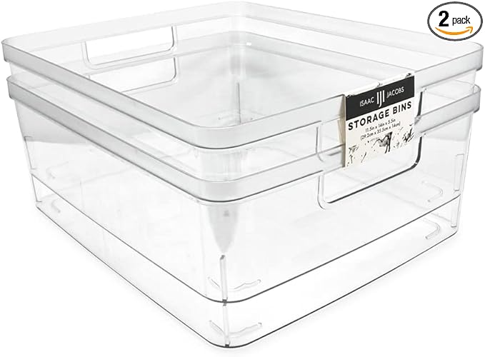 Isaac Jacobs 2-Pack Large Clear Storage Bins (11.5” L x 14” W x 5.5” H) w/Cutout Handles, Plastic Organizer for Home, Office, Kitchen, Fridge/Freezer, Bathroom, BPA Free, Food Safe (Large)