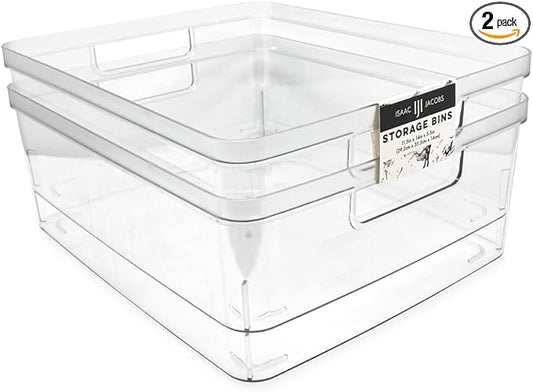 Isaac Jacobs 2-Pack Large Clear Storage Bins (11.5” L x 14” W x 5.5” H) w/Cutout Handles, Plastic Organizer for Home, Office, Kitchen, Fridge/Freezer, Bathroom, BPA Free, Food Safe (Large)