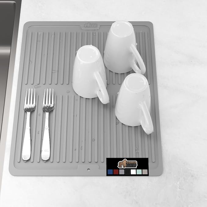 GORILLA GRIP 100% BPA-Free Patented Silicone Dish Drying Mat for Kitchen Counter, Water Catching Ribbed Design, Easy Clean Waterproof Sink Liner, Heat Resistant, Fits Under Rack, 16x12 Inch, Gray