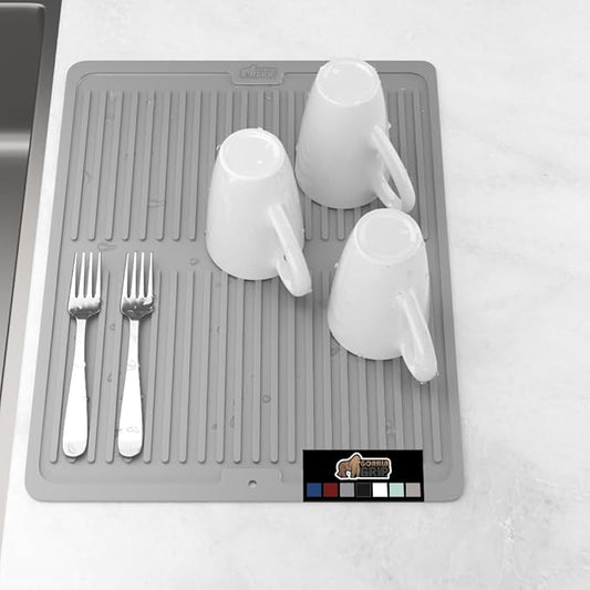 GORILLA GRIP 100% BPA-Free Patented Silicone Dish Drying Mat for Kitchen Counter, Water Catching Ribbed Design, Easy Clean Waterproof Sink Liner, Heat Resistant, Fits Under Rack, 16x12 Inch, Gray
