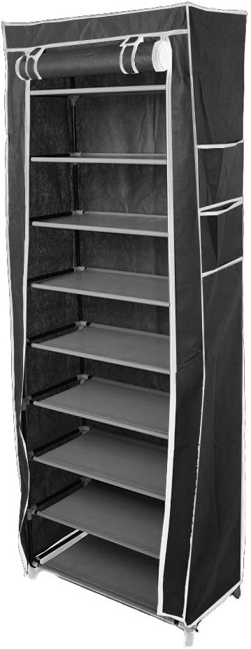 10 Tiers Shoe Rack with Dustproof Cover 27 Pair Shoe Tower Stand Sturdy Shelf Storage Organizer Cabinet Perfect for Bedroom, Closet, Entryway, Dorm Room (Black)-NeatNest