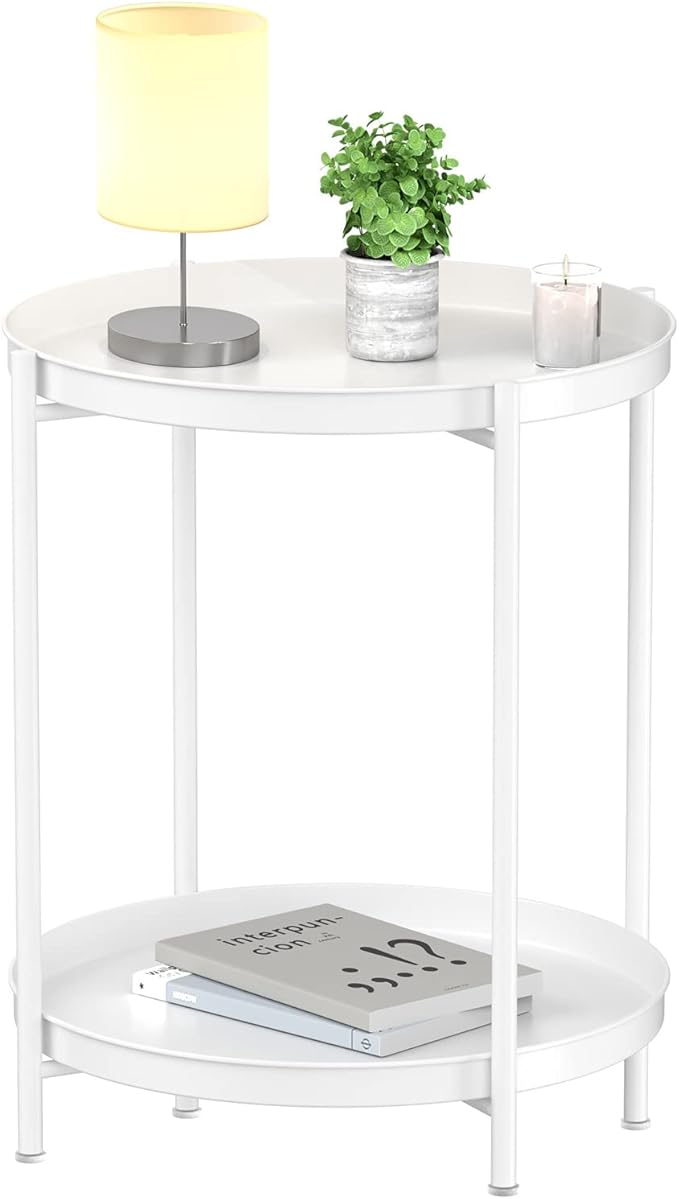 EKNITEY 2 Tier End Table - Metal Side Table Waterproof Small Sofa Coffee Side Tables Bedroom Indoor Outdoor with Removable Tray for Living Room Bedroom Balcony and Office (White)-NeatNest