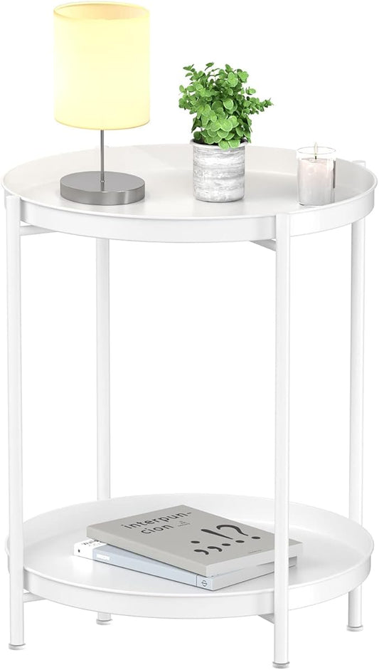 EKNITEY 2 Tier End Table - Metal Side Table Waterproof Small Sofa Coffee Side Tables Bedroom Indoor Outdoor with Removable Tray for Living Room Bedroom Balcony and Office (White)-NeatNest