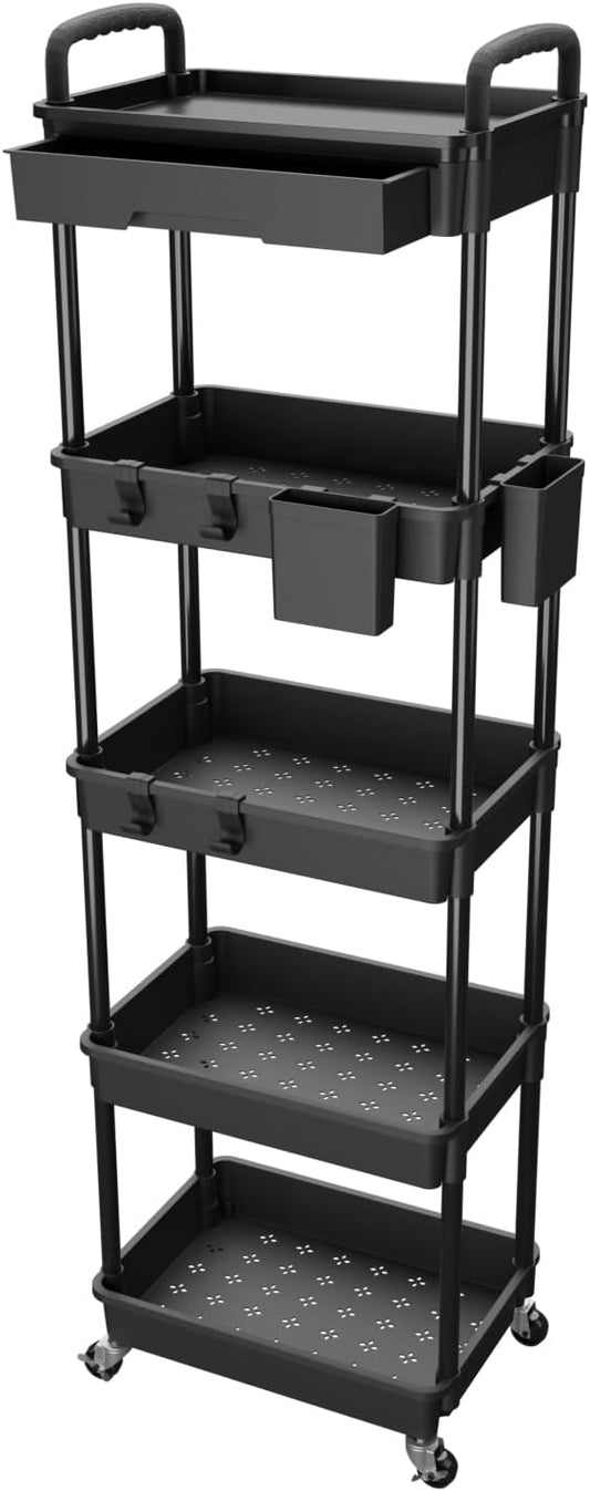 5 Tier Rolling Utility Cart with Drawer,REBECAT Utility Cart Made of Multifunctional Storage Organizer Tool for Kitchen,Bathroom,Living Room,Office(Black)-NeatNest