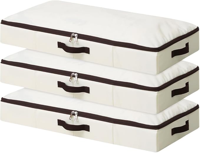 AMJ 3 Pack 4inch Underbed Storage Bins, Under Bed Storage Containers with Zippers for Blanket, Pillows, Comforters & Quilts, Beige-NeatNest