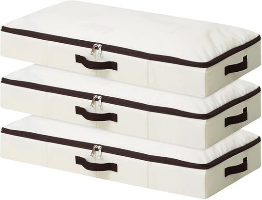 AMJ 3 Pack 4inch Underbed Storage Bins, Under Bed Storage Containers with Zippers for Blanket, Pillows, Comforters & Quilts, Beige-NeatNest