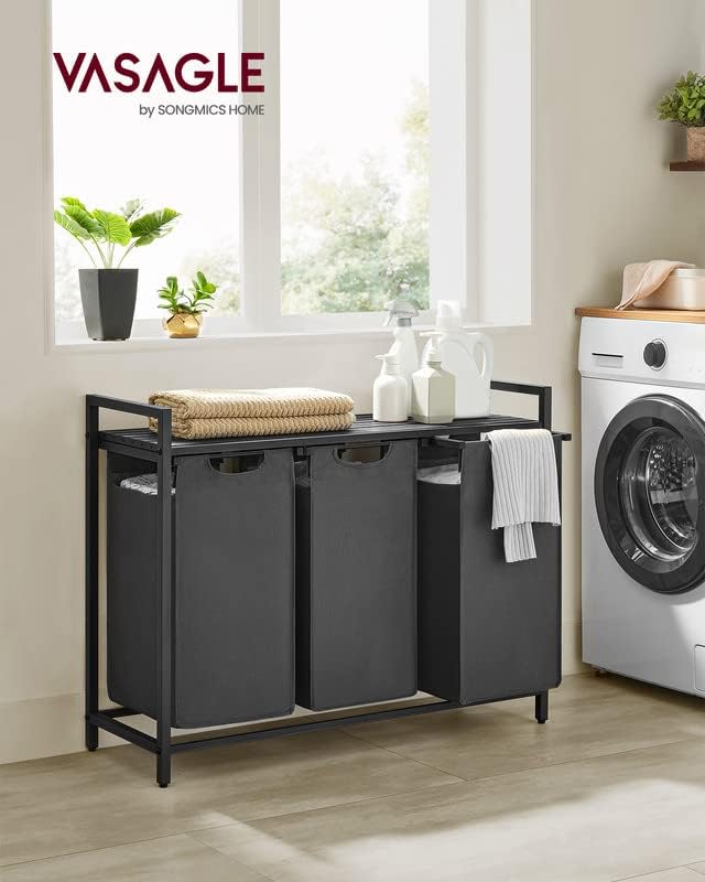 VASAGLE Laundry Hamper, Laundry Basket, Laundry Sorter with 3 Pull-Out and Removable Bags, Shelf, Metal Frame, 3 x 10.6 Gallons (40 L), 36.4 x 13 x 28.4 Inches, Slate Gray and Charcoal Gray UBLH301G01-NeatNest