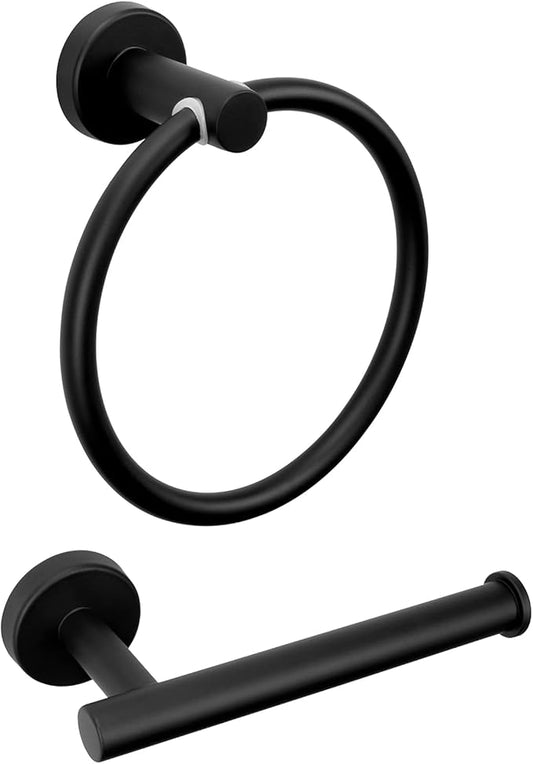 Bathroom Hardware Set 2 Pieces Towel Ring and Toilet Paper Holder 304 Stainless Steel Hand Towel Holder and Towel Hanger Wall Mounted (Matte Black)