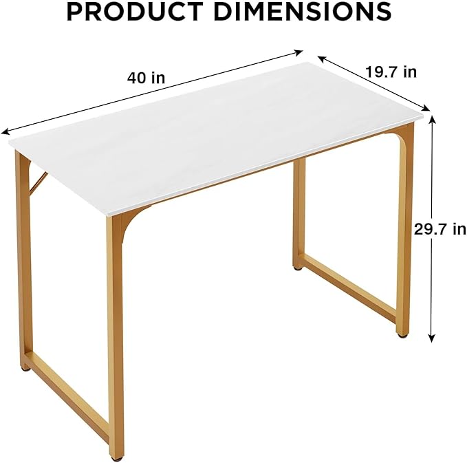 40 Inch Computer Desk for Bedroom，Sturdy Wooden Work Desk for Home Office，Simple Modern Style Tables with Metal Desk Legs Writing Study Table for Adults&Kids,White Gold