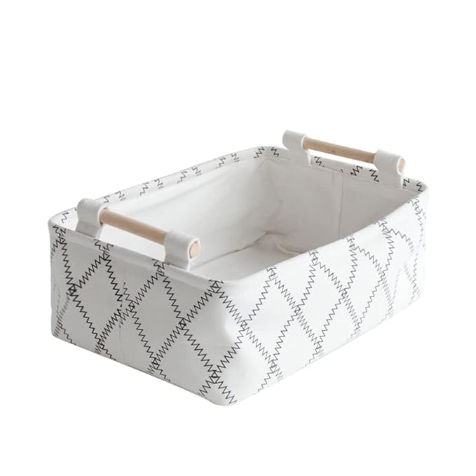 Decorative Collapsible Rectangular Fabric Storage Bin Organizer Basket with Wooden Handles for Clothes Storage, 11"×7.1"×3.9", White-NeatNest