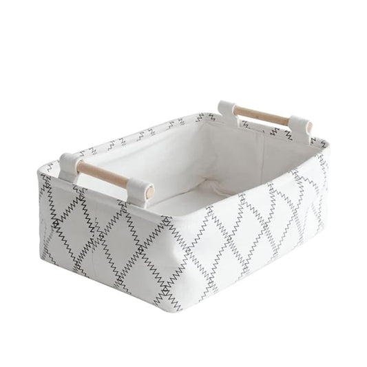 Decorative Collapsible Rectangular Fabric Storage Bin Organizer Basket with Wooden Handles for Clothes Storage,12.6x8.7x4.7 inch,White-NeatNest