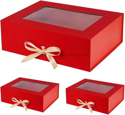 3 Pcs Red Extra Large Gift Box for Presents with Ribbon 16.5x13x5.3 Inches Clear Gift Box with Window Magnetic Closure Gift Boxes with Lids-NeatNest