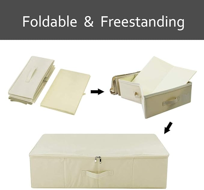3Pcs Collapsible Rigid Underbed Storage Bins, 27.5 * 15.7 * 7", Folding Fabric Storage Boxes for Clothing, Blankets, Shoes in Closet, Wardrobe, Beige-NeatNest