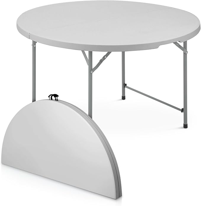 Athena Collection 4ft Plastic Folding Dining Table, Large Foldable Round Card Table Portable with Carry Handle Heavy Duty Fold-in-Half for Indoor Outdoor Party Camping, Grey-NeatNest