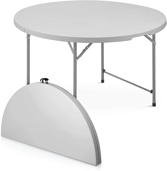 Athena Collection 4ft Plastic Folding Dining Table, Large Foldable Round Card Table Portable with Carry Handle Heavy Duty Fold-in-Half for Indoor Outdoor Party Camping, Grey-NeatNest