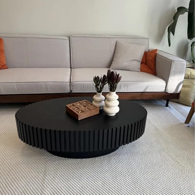 Coffee Table, 43.7 Inch Modern Handcraft Solid Wood Drum Oval Coffee Table for Living Room, Small Space, Office, Easy Assembly (Black)-NeatNest