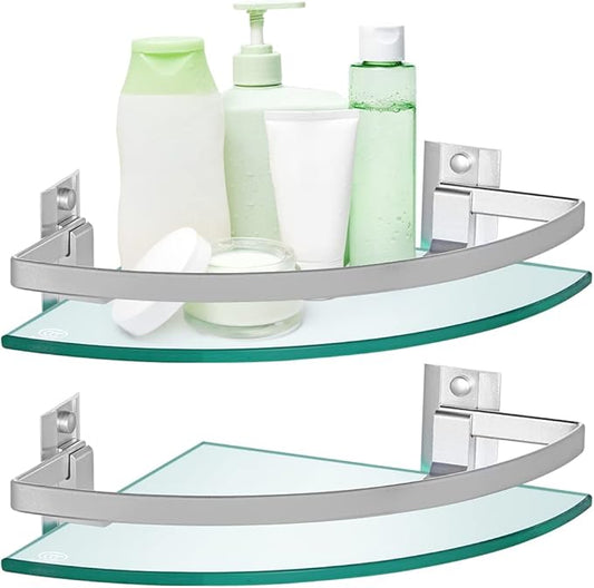 2 Pcs Tempered Glass Corner Shelf with Rail & Brackets, 9.5" x 9.5" Floating Shower Caddy, Wall Mounted Shampoo Holder Organizer for Bathroom, Kitchen, Living Room