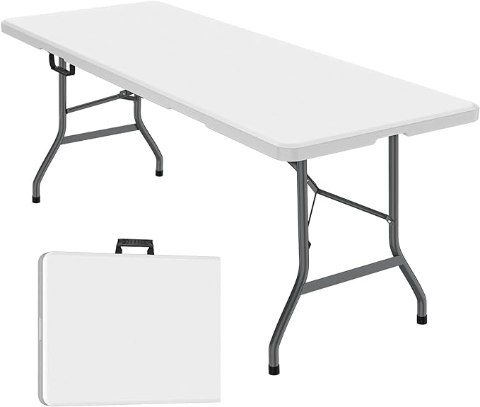 Generic 6 ft Folding Table, Foldable Dining Table, White Plastic Table, Lightweight Portable Table, Industrial Workbench for Indoor Outdoor, Picnic, Camping, Board Game with Handle, Locks - White-NeatNest