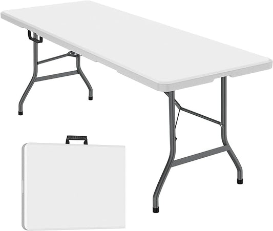 Generic 6 ft Folding Table, Foldable Dining Table, White Plastic Table, Lightweight Portable Table, Industrial Workbench for Indoor Outdoor, Picnic, Camping, Board Game with Handle, Locks - White-NeatNest