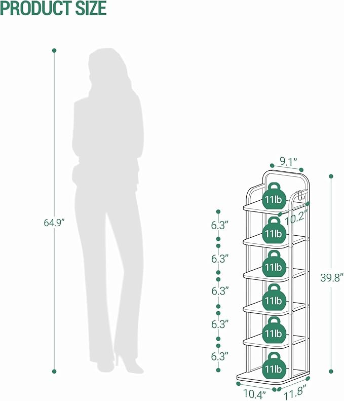 6 Tiers Vertical Shoe Rack, Narrow Shoe Tower, Tall Shoes Shelf with 2 Hooks, Adjustable Shelves, Corner Shoes Shelves for Small Spaces, Entryway, Living Room, White Gold SR04213A-NeatNest