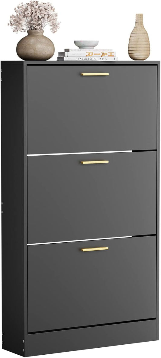JOZZBY Shoe Cabinet, Black Shoe Cabinet with 3 Flip Drawer, Hidden Shoe Storage Freestanding Shoe Rack Cabinet for Entryway, Hallway, Living Room-NeatNest