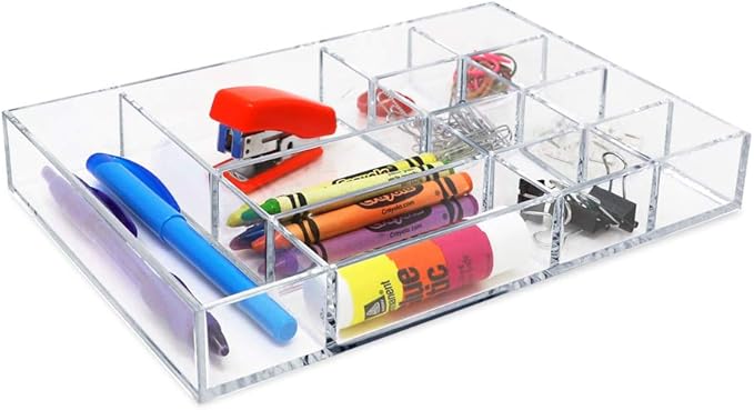 Isaac Jacobs 12-Compartment Clear Acrylic Drawer Organizer (9.4" L x 6.4" W x 1.3" H), Multi-Sectional Tray & Storage Solution for Makeup, School & Office Supplies, Bathroom, Kitchen-NeatNest