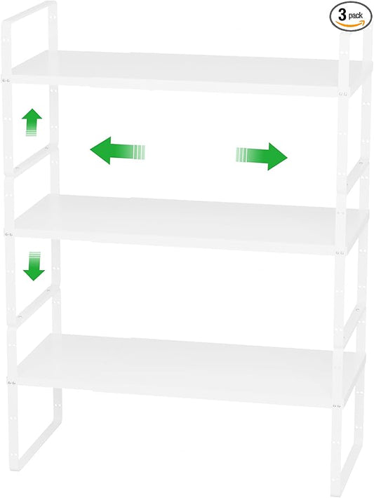 Cabinet Organizer Shelves,Expandable Pantry Counter Shelves,Stackable Under Sink Inside Cabinet Storage Spice Racks for Kitchen Bathroom Home Office,3 Packs,10.24" D,White