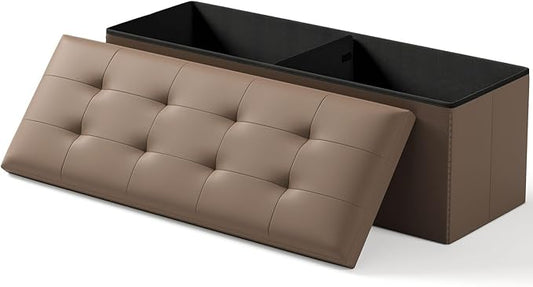 Folding Storage Ottoman Bench, Multi-Functional Ottoman Footrest, End of Bed Bench, Storage Chest for Living Room, Bedroom, Hallway, Entryway, Holds Up to 700 lbs (Brown, 43 Inches)