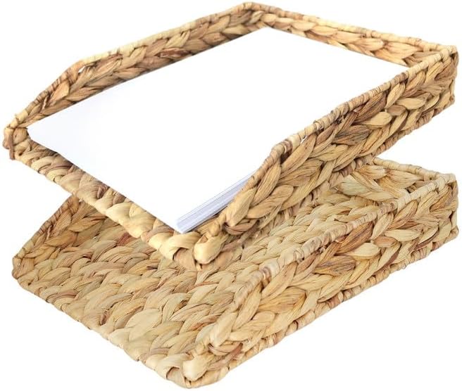 Water Hyacinth A4 Desk Paper Tray Rectangular Hand-Woven Rattan Desk Basket Document Tray Magazine Files Basket Organizer for Office Bathroom,2 Pack