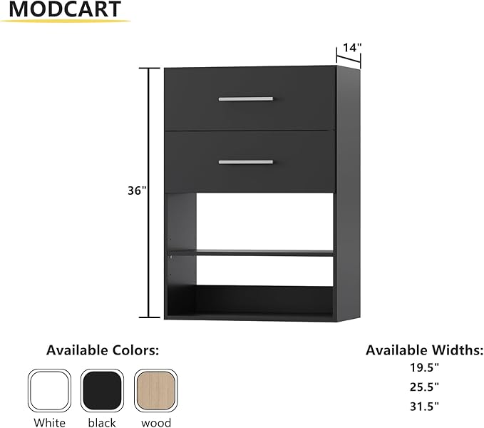 2 Drawer Short Tower Closet Unit, Modular Closet System, Wood Closet System Organizer with Storage for Walk In Closets, Clothing Rack Closet for Hanging Clothes, Bedroom, Black, 19.5"W