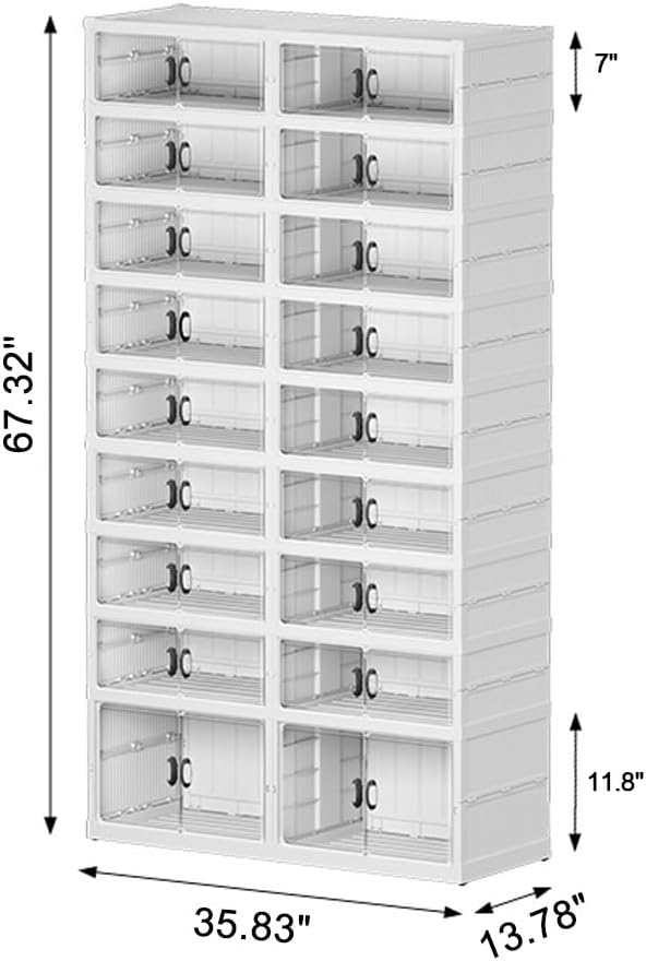Shoe Rack Shoe Box Collapsible 9 Tiers 36 Pair Face Width 35.8" Storage Organizer, Large Containers Cabinet with Magnetic Clear Door and Wheels, Dustproof Sneaker&Boot Plastic Lid Tote, White-NeatNest