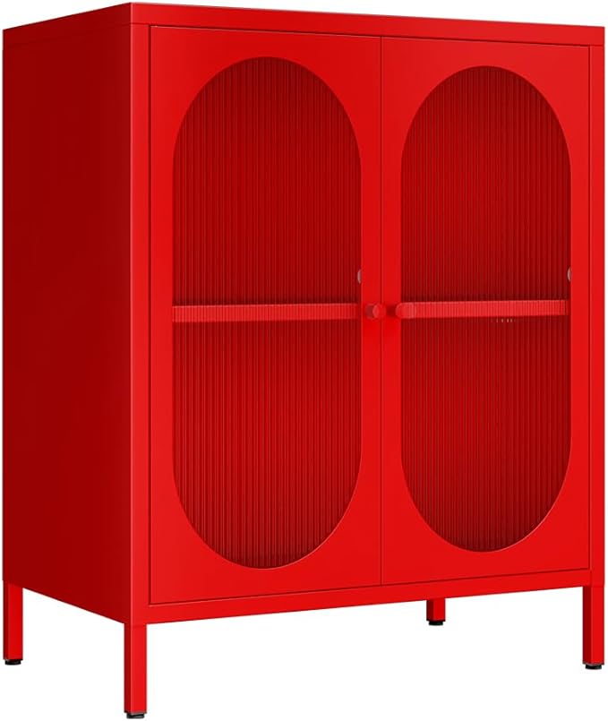 2 Doors Locker Metal Storage Cabinet, Buffet Cabinet with Glass Doors, Freestanding Metal Sideboard for Small Spaces, Living Room, Dining Room, Entryway (Buffet Cabinet, Red)