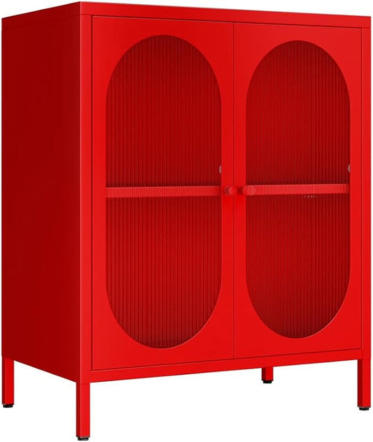 2 Doors Locker Metal Storage Cabinet, Buffet Cabinet with Glass Doors, Freestanding Metal Sideboard for Small Spaces, Living Room, Dining Room, Entryway (Buffet Cabinet, Red)