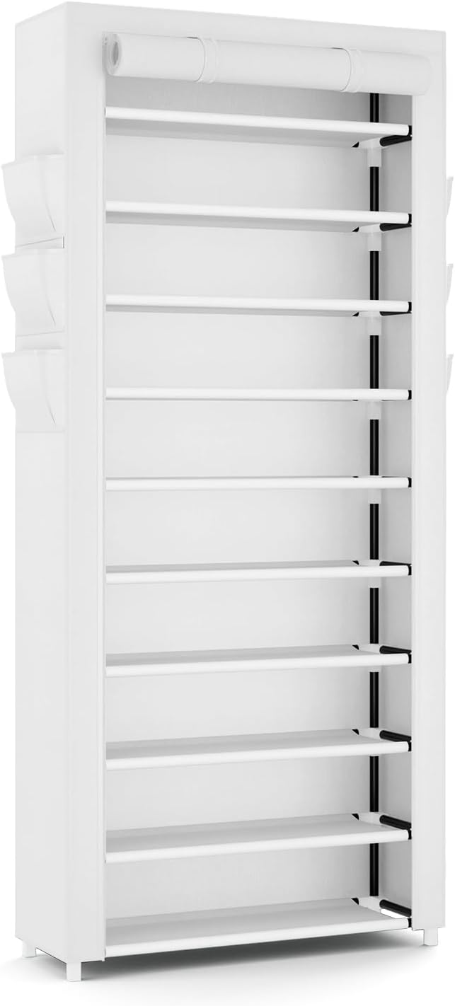 VTRIN Vertical Narrow Shoe Rack Organizer Tall Shoe Rack for Closet Entryway 10 Tier Non-Woven Cover Shoe Shelf Holds 36-41 Pairs Free Standing Shoe Storage Cabinet with Dustproof Cover, White-NeatNest