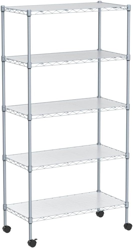 CAPHAUS NSF Adjustable Shelves Metal Wire Shelving Unit w/Liners, Kitchen Storage Shelving, Metal Steel Storage Shelving, Garage Shelving Storage Organizer, Utility Shelf, 5-Tier W/Wheels, Silver-NeatNest